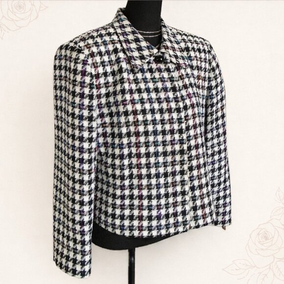 Doncaster Tweed Houndstooth Cropped Jacket Blazer Black White Size 14 - Picture 2 of 10